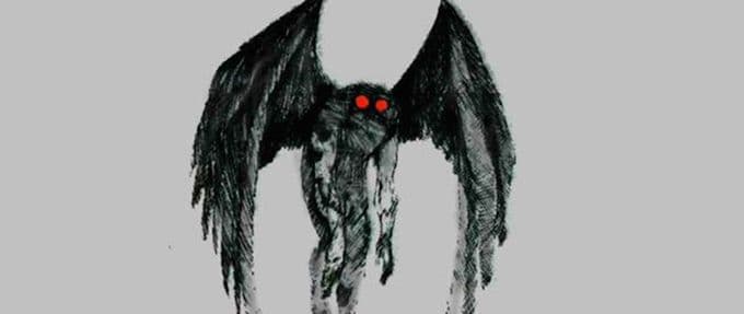 Mothman, a giant winged humanoid with glowing red eyes.