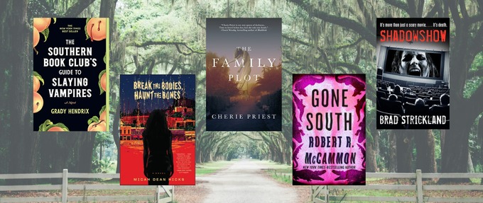 5 southern horror book covers on a southern ranch image with willow trees