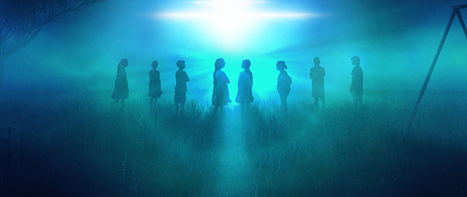 children standing on a school playground bathed in the blue light of a UFO