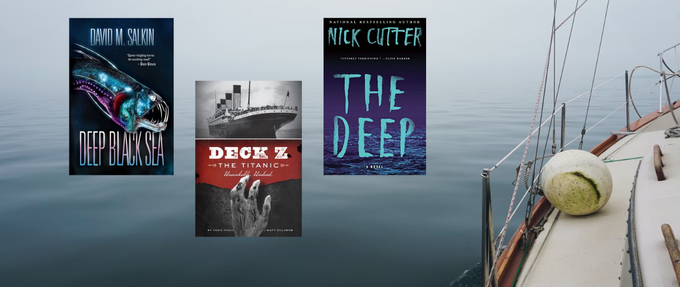 three book covers on a scary ocean and speed boat background