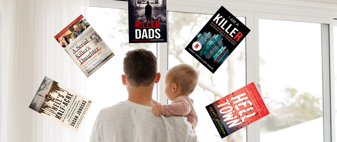 a father holding his baby with true crime book covers swirling around their heads