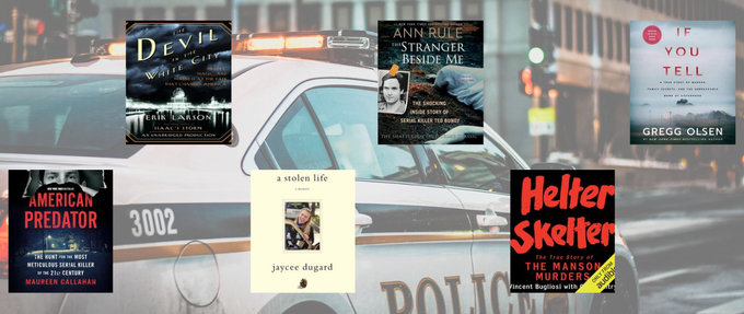 true crime audiobook covers on a police car background