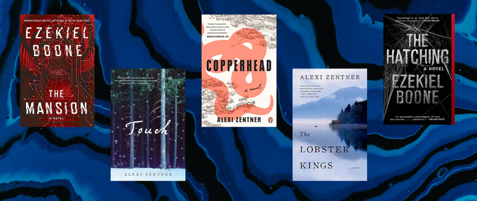 five images of ezekiel boone's book covers on a swirly blue background