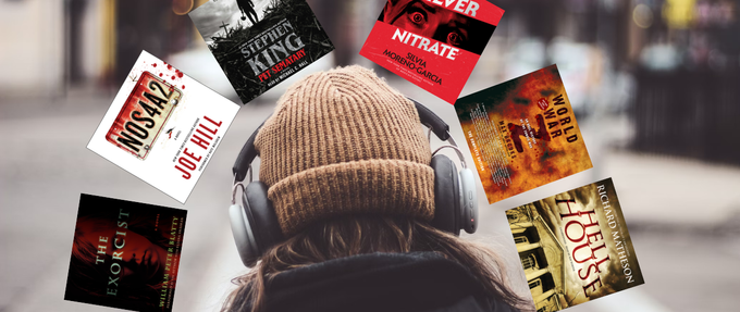a girl in a beanie and headphones walking down the street with audio books swirling around her head