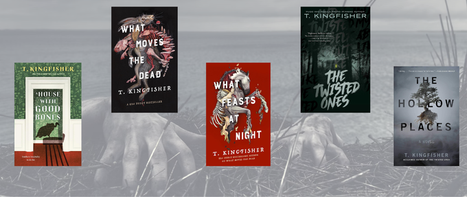 t kingfisher book covers on spooky zombie background