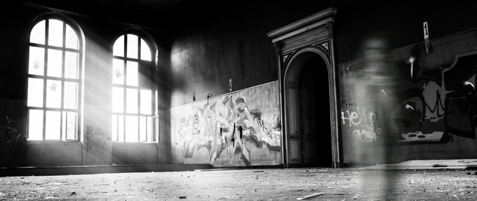 black and white photo of an abandoned building
