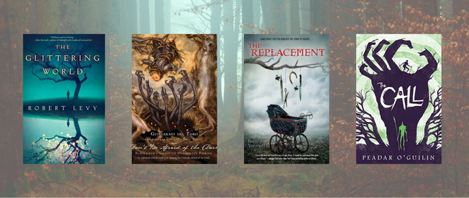 fairy horror book covers on a woodsy background