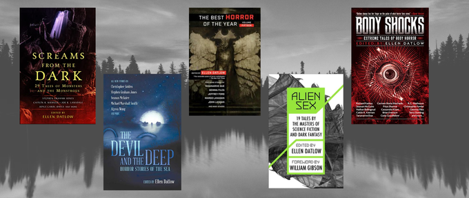 5 ellen datlow book covers on forest background