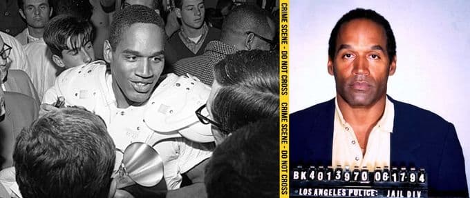 OJ Simpson surrounded by reporters after a college football game in 1967, next to his mug shot following his 1994 arrest.