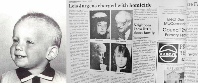 a black and white photo of baby Dennis and a newspaper article talking about Lois' arrest
