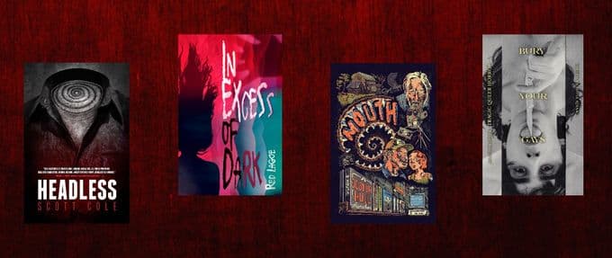 Against a red background, a collection of book covers, including Headless by Scott Cole, In Excess of Dark by Red Lagoe, Mouth by Joshua Hull, and Bury Your Gays by Sofia Ajram.