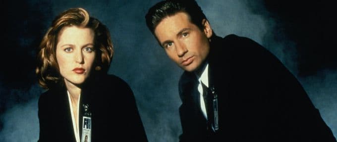 Mulder (David Duchovny) and Scully (Gillian Anderson) from the series 'The X-Files.'