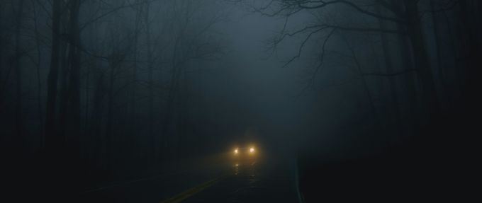 car headlights on a dark, foggy road with leaf-less trees