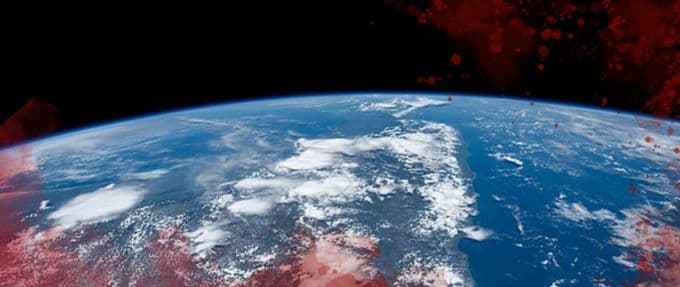 A view of Earth from space, obscured by blood spatter.